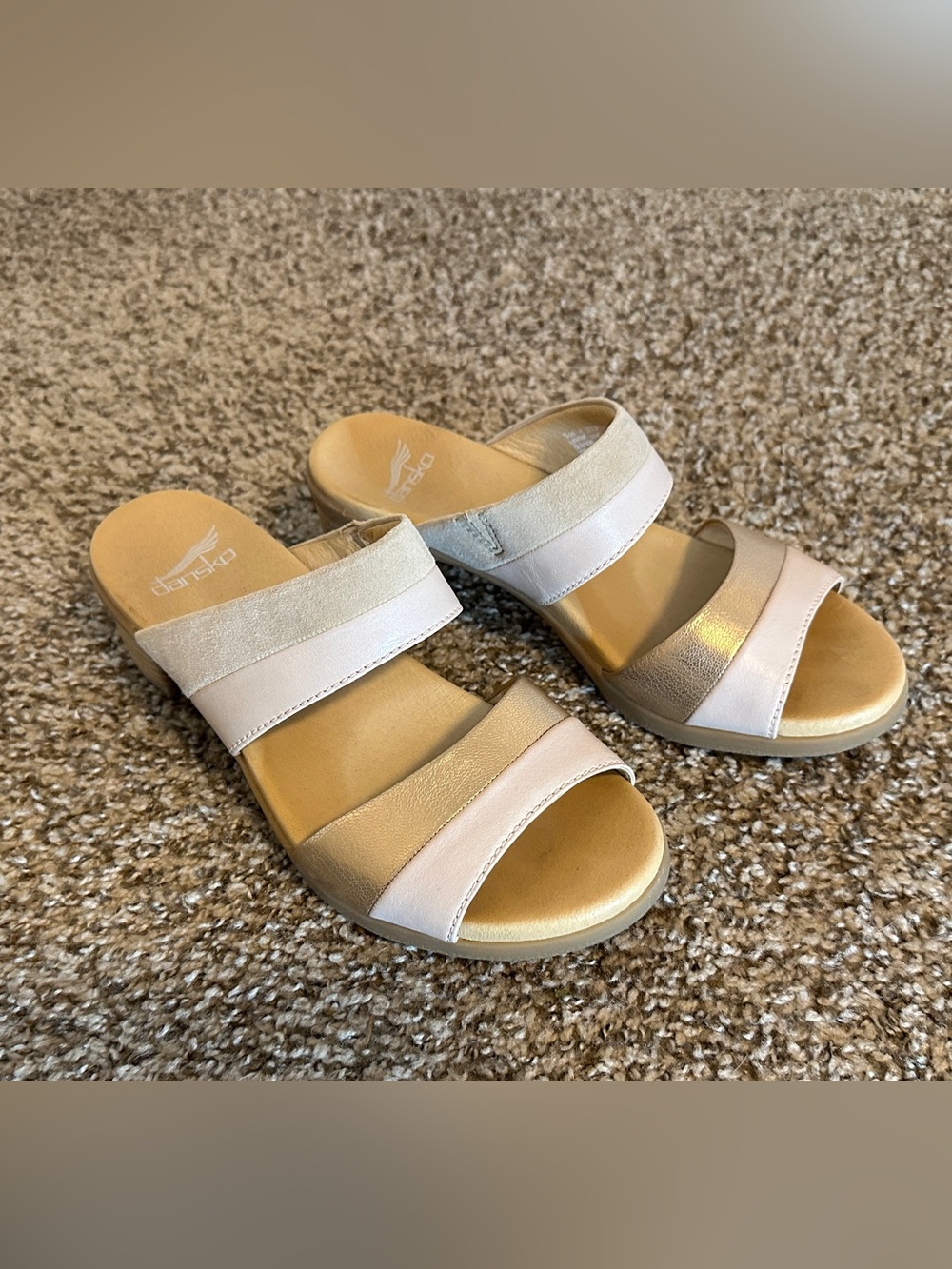 Dansko Double Strap Slide Sandals Rose Gold Metallic Leather EU 38 / US 7.5-8